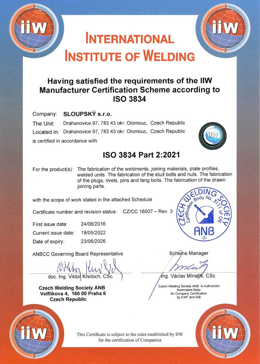 Mezinárodní certifikát 3834-2 svařování